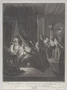 Plate 27: Doña Rodriguez, who is speaking at night with Don Quixote, is surprised by the l..., 1745. Creator: Bernard Picart