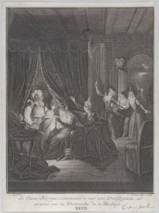 Plate 27: Doña Rodriguez, who is speaking at night with Don Quixote, is surprised by the l..., 1745. Creator: Bernard Picart