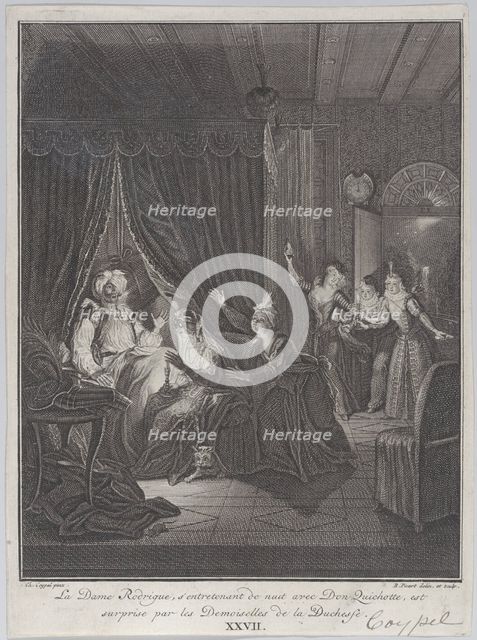 Plate 27: Doña Rodriguez, who is speaking at night with Don Quixote, is surprised by the l..., 1745. Creator: Bernard Picart.