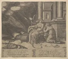 Plate 27: Proserpina gives Psyche the box of beauty, from The Fable of Cupid and Psyche 1530-60. Creator: Master of the Die