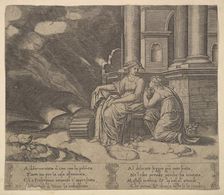 Plate 27: Proserpina gives Psyche the box of beauty, from The Fable of Cupid and Psyche 1530-60. Creator: Master of the Die