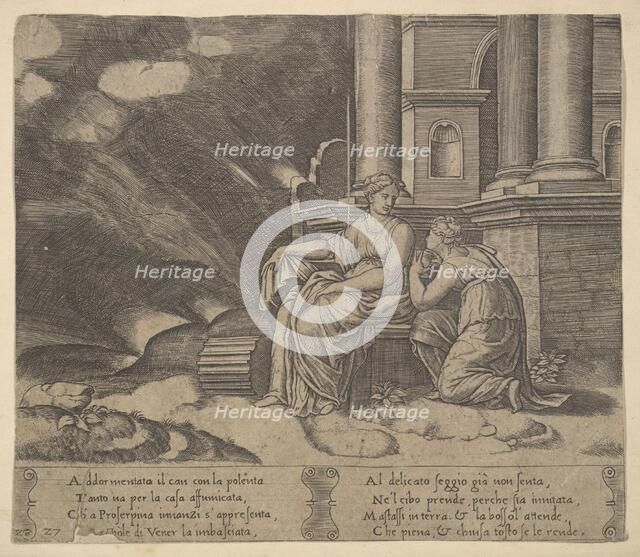Plate 27: Proserpina gives Psyche the box of beauty, from 'The Fable of Cupid and Psyche', 1530-60. Creator: Master of the Die.