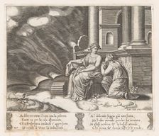 Plate 27: Proserpine gives Psyche the box of beauty, from the Story of Cupid and Psyche..., 1530-60. Creator: Master of the Die