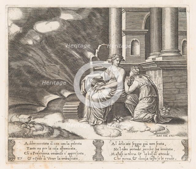 Plate 27: Proserpine gives Psyche the box of beauty, from the Story of Cupid and Psyche..., 1530-60. Creator: Master of the Die.