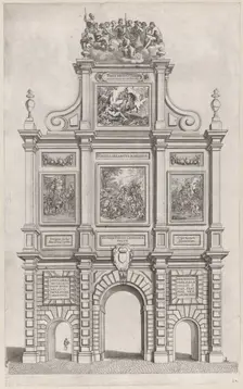 Plate 27: Triumphal arch, elevation of the back, surmounted by allegorical figures and dec..., 1636. Creators: Johannes Meursius, Willem van der Beke