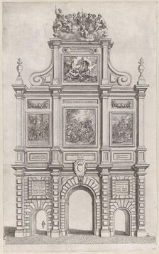 Plate 27: Triumphal arch, elevation of the back, surmounted by allegorical figures and dec..., 1636. Creators: Johannes Meursius, Willem van der Beke