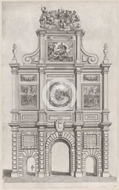 Plate 27: Triumphal arch, elevation of the back, surmounted by allegorical figures and dec..., 1636. Creators: Johannes Meursius, Willem van der Beke.