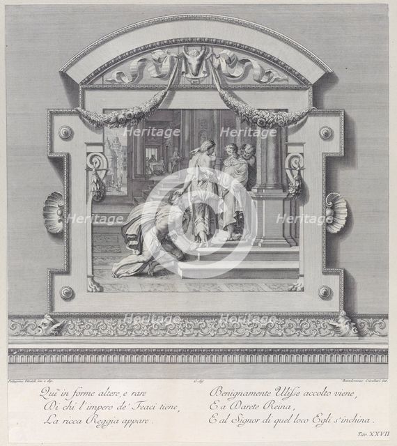 Plate 27: Ulysses received by Alcinous king of Phoeacia and his Queen Areta after his ship..., 1756. Creators: Bartolomeo Crivellari, Gabriel Söderling.