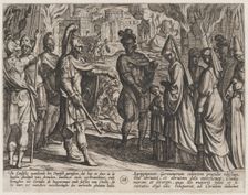 Plate 28: Cologne Troops Bring Civilis Wife and Sister to Cerialis, from The War of the R..., 1611. Creator: Antonio Tempesta