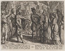 Plate 28: Cologne Troops Bring Civilis Wife and Sister to Cerialis, from The War of the R..., 1611. Creator: Antonio Tempesta
