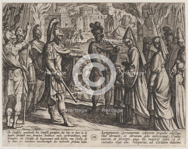 Plate 28: Cologne Troops Bring Civilis' Wife and Sister to Cerialis, from The War of the R..., 1611. Creator: Antonio Tempesta.