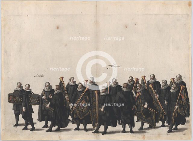 Plate 28: Drummers and trumpet players marching in the funeral procession of Archduke Albe..., 1623. Creator: Cornelis Galle I.