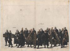 Plate 28: Drummers and trumpet players marching in the funeral procession of Archduke Albe..., 1623. Creator: Cornelis Galle I
