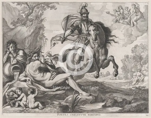 Plate 28: Mars on horseback at center, and Romulus and Remus with the wolf at lower left; ..., 1636. Creators: Jacob Neeffs, Johannes Meursius, Willem van der Beke.