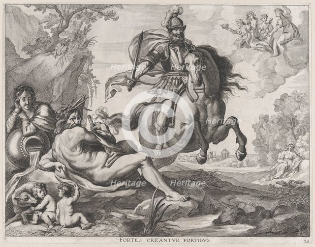 Plate 28: Mars on horseback at center, and Romulus and Remus with the wolf at lower left; ..., 1636. Creators: Jacob Neeffs, Johannes Meursius, Willem van der Beke.