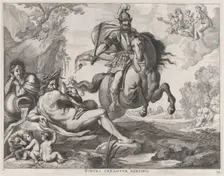 Plate 28: Mars on horseback at center, and Romulus and Remus with the wolf at lower left; ..., 1636. Creators: Jacob Neeffs, Johannes Meursius, Willem van der Beke