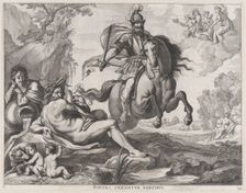 Plate 28: Mars on horseback at center, and Romulus and Remus with the wolf at lower left; ..., 1636. Creators: Jacob Neeffs, Johannes Meursius, Willem van der Beke