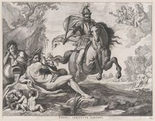 Plate 28: Mars on horseback at center, and Romulus and Remus with the wolf at lower left; ..., 1636. Creators: Jacob Neeffs, Johannes Meursius, Willem van der Beke