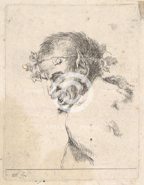 Plate 29: bust of a laughing satyr, facing left in profile, from 'Various portraits' (..., ca. 1647. Creator: Stefano della Bella.