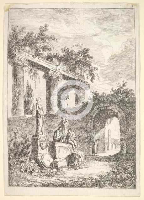 Plate 3: The Statue Before the Ruins: a statue to left next to three figures on a p..., ca. 1763-64. Creator: Hubert Robert.