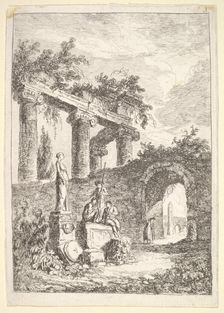 Plate 3: The Statue Before the Ruins: a statue to left next to three figures on a p..., ca. 1763-64. Creator: Hubert Robert