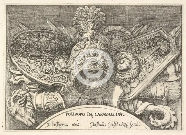 Plate 3: trophies of Roman arms from decorations above the windows on the second floor of ..., 1656. Creator: Giovanni Battista Galestruzzi.