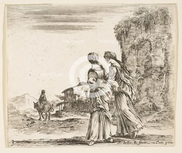 Plate 3: two girls walking towards the left, seen from behind, a woman on a horse t..., ca. 1644-47. Creator: Stefano della Bella.