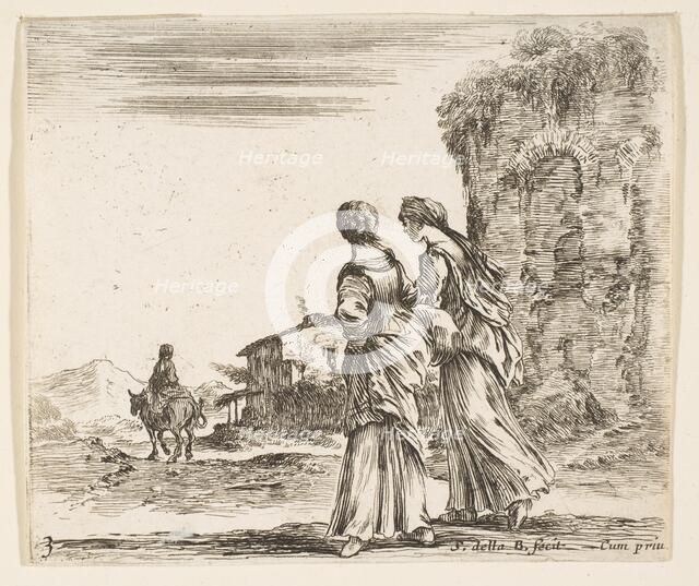 Plate 3: two girls walking towards the left, seen from behind, a woman on a horse t..., ca. 1644-47. Creator: Stefano della Bella.
