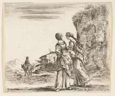 Plate 3: two girls walking towards the left, seen from behind, a woman on a horse t..., ca. 1644-47. Creator: Stefano della Bella