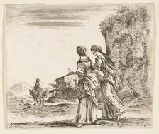Plate 3: two girls walking towards the left, seen from behind, a woman on a horse t..., ca. 1644-47. Creator: Stefano della Bella