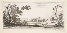 Plate 3: two horsemen crossing a river to right, a woman with two baskets atop a donke..., ca. 1641. Creator: Stefano della Bella