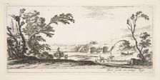 Plate 3: two horsemen crossing a river to right, a woman with two baskets atop a donke..., ca. 1641. Creator: Stefano della Bella