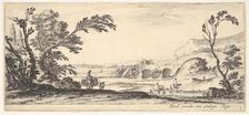 Plate 3: two horsemen crossing a river to right, a woman with two baskets atop a donke..., ca. 1641. Creator: Stefano della Bella