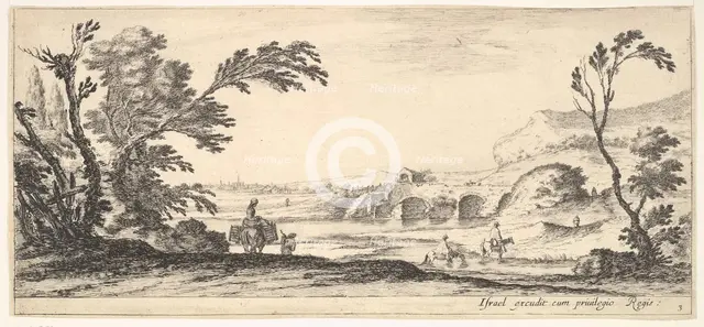 Plate 3: two horsemen crossing a river to right, a woman with two baskets atop a donke..., ca. 1641. Creator: Stefano della Bella.