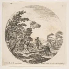 Plate 3: a gale in the forest, two horsemen wrapped in their cloaks, with the wind blo..., ca. 1646. Creator: Stefano della Bella