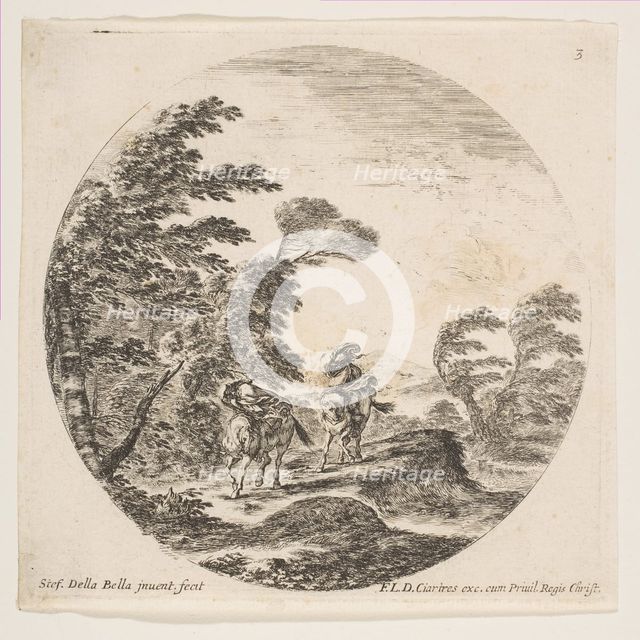 Plate 3: a gale in the forest, two horsemen wrapped in their cloaks, with the wind blo..., ca. 1646. Creator: Stefano della Bella.
