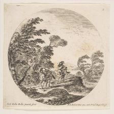Plate 3: a gale in the forest, two horsemen wrapped in their cloaks, with the wind blo..., ca. 1646. Creator: Stefano della Bella