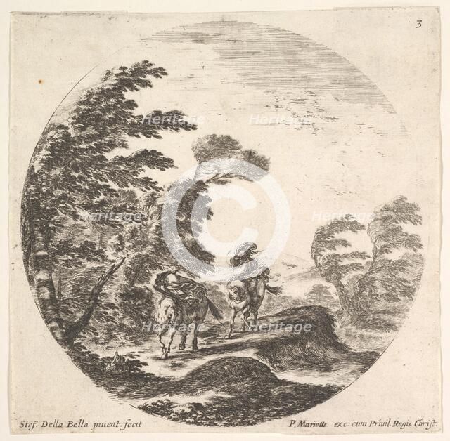 Plate 3: a gale in the forest, two horsemen wrapped in their cloaks, the wind is bl..., ca. 1643-48. Creator: Stefano della Bella.