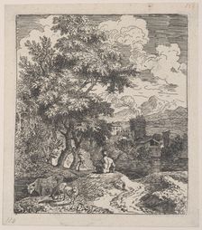 Plate 3: a shepherd seated on a hill, a cow and two sheep at left, and a town in ri..., ca. 1700-25. Creator: Franz Joachim Beich