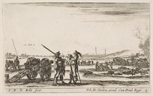 Plate 3: An officer giving orders to a soldier in centre foreground, cannon at left, f..., ca. 1641. Creator: Stefano della Bella