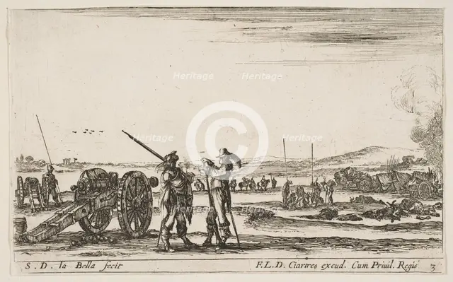 Plate 3: An officer giving orders to a soldier in centre foreground, cannon at left, f..., ca. 1641. Creator: Stefano della Bella.