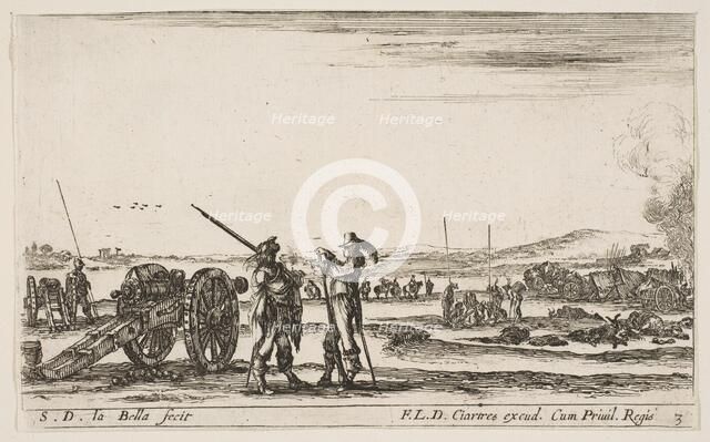 Plate 3: An officer giving orders to a soldier in centre foreground, cannon at left, f..., ca. 1641. Creator: Stefano della Bella.