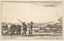 Plate 3: An officer giving orders to a soldier in centre foreground, cannon at left, f..., ca. 1641. Creator: Stefano della Bella