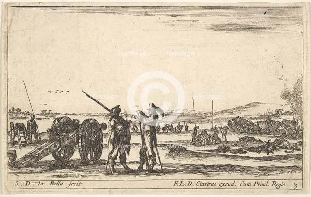 Plate 3: An officer giving orders to a soldier in centre foreground, cannon at left, f..., ca. 1641. Creator: Stefano della Bella.
