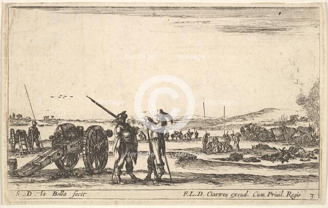 Plate 3: An officer giving orders to a soldier in centre foreground, cannon at left, f..., ca. 1641. Creator: Stefano della Bella.