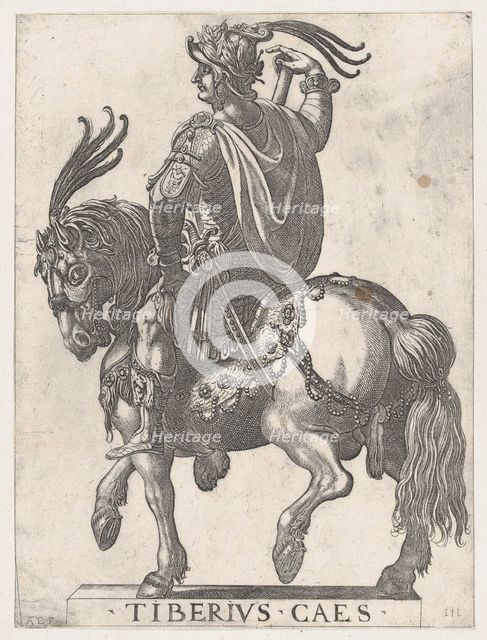 Plate 3: Emperor Tiberius on Horseback, from 'The First Twelve Roman Caesars', 1596. Creator: Antonio Tempesta.