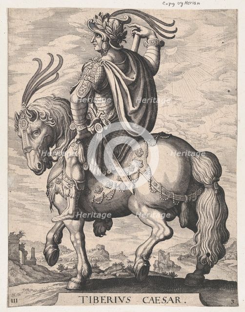 Plate 3: Emperor Tiberius on Horseback, from 'The First Twelve Roman Caesars', after Te..., 1610-50. Creator: Matthaus Merian.