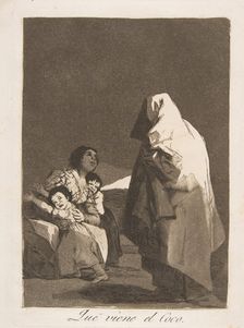 Plate 3 from Los Caprichos': Here comes the bogey-man (Que viene el Coco.), 1799. Creator: Francisco Goya