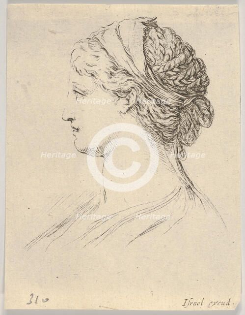 Plate 3: head of a woman with braided hair, turned in profile to the right, from 'Various ..., 1650. Creator: Stefano della Bella.