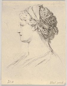 Plate 3: head of a woman with braided hair, turned in profile to the right, from Various ..., 1650. Creator: Stefano della Bella